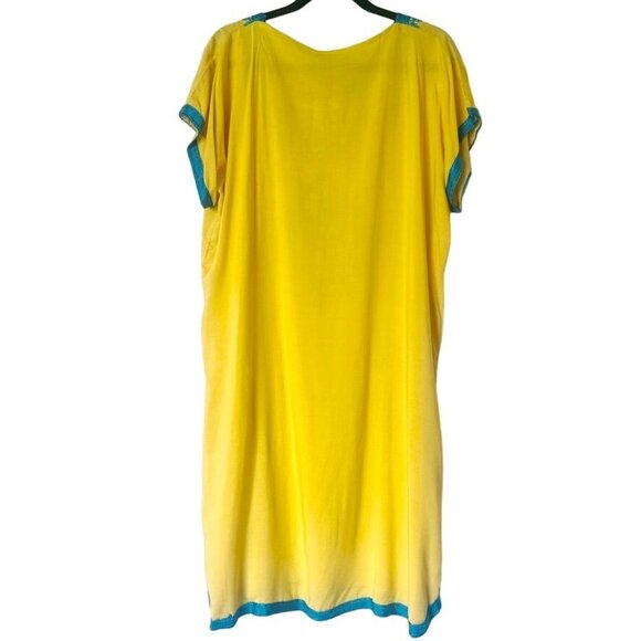 Hand Embroidered Yellow Tunisian Jebba Kaftan Dress With Blue Hamsa Size L/XL - Picture 2 of 6
